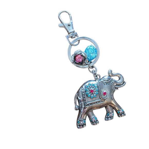 Accessories - Silver Elephant Keychain with Pink and Blue Accents